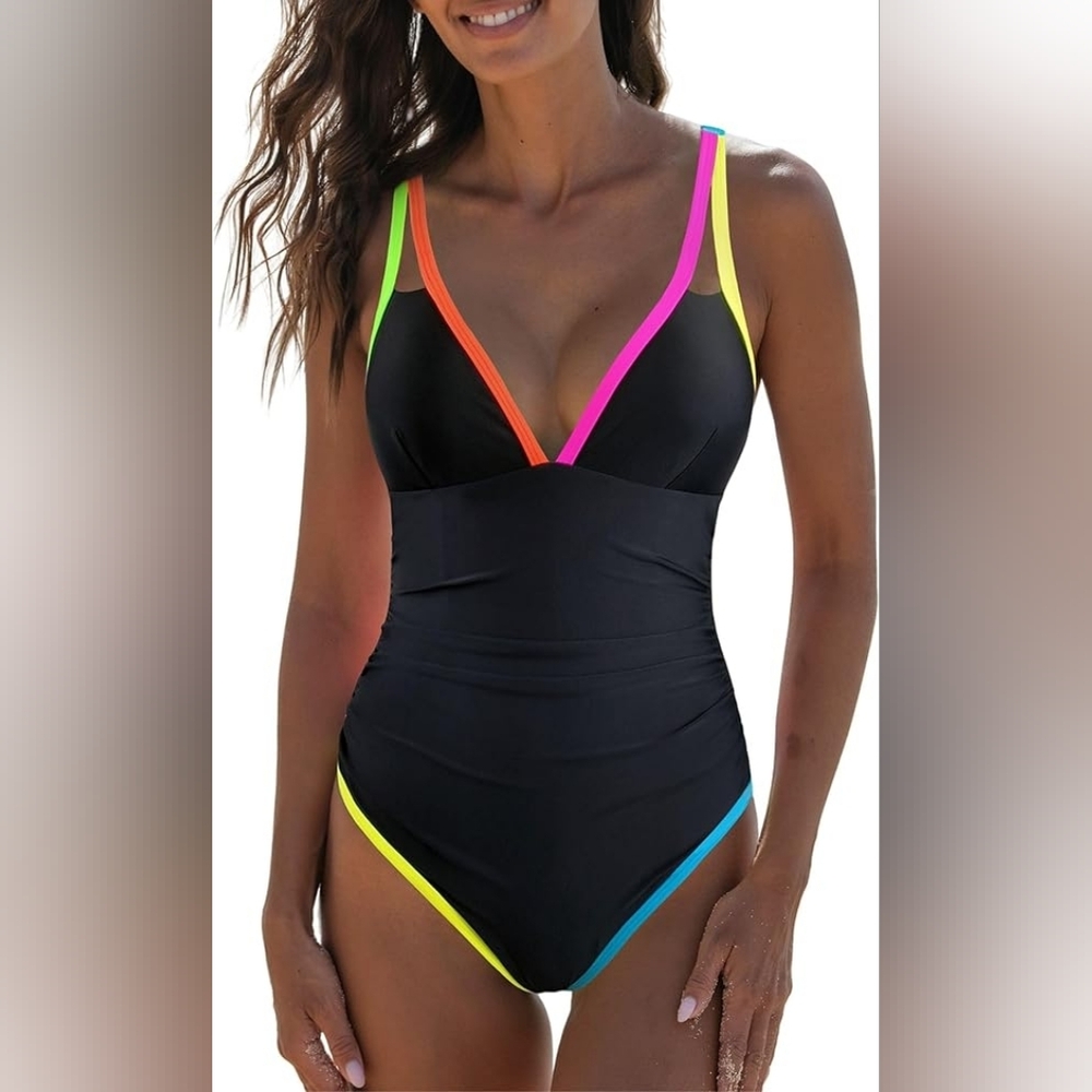 Popvil Nwt Neon Trim Black One-Piece Swimsuit